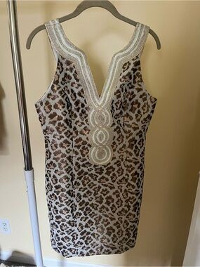 Sleeveless Lilly Pulitzer Leopard Print Dress with Embellished V-Neck